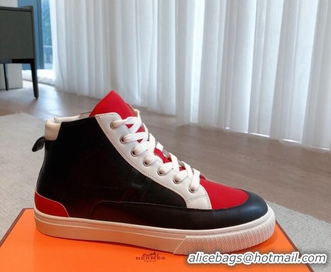 Hot Style Hermes District Calfskin High Top Sneakers Black/Red 0625002