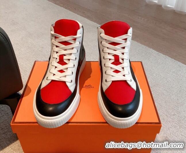 Hot Style Hermes District Calfskin High Top Sneakers Black/Red 0625002