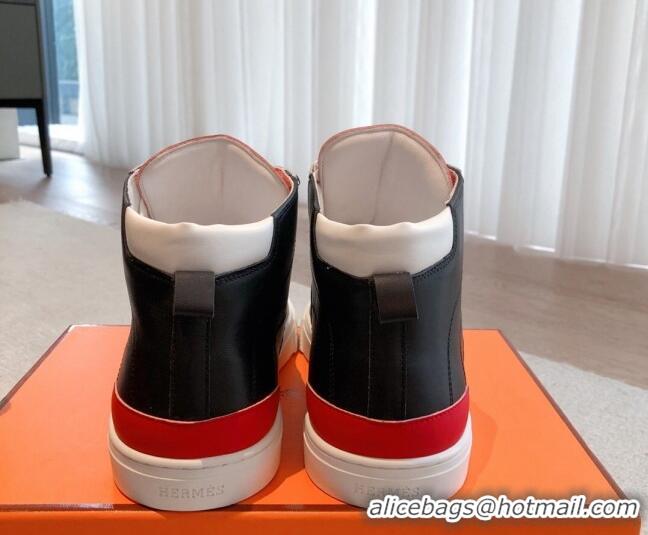 Hot Style Hermes District Calfskin High Top Sneakers Black/Red 0625002