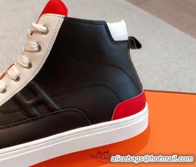 Hot Style Hermes District Calfskin High Top Sneakers Black/Red 0625002