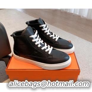 Sophisticated Hermes District Calfskin High Top Sneakers Black 625005