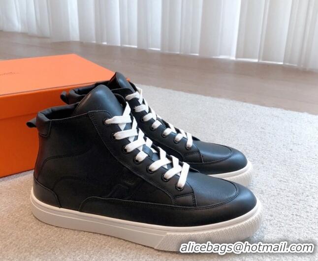 Sophisticated Hermes District Calfskin High Top Sneakers Black 625005