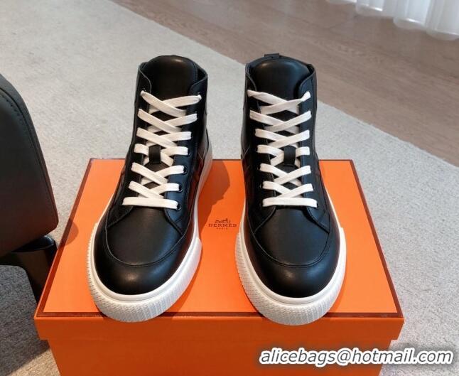 Sophisticated Hermes District Calfskin High Top Sneakers Black 625005