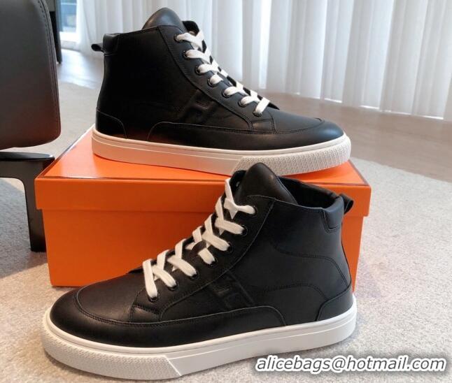 Sophisticated Hermes District Calfskin High Top Sneakers Black 625005