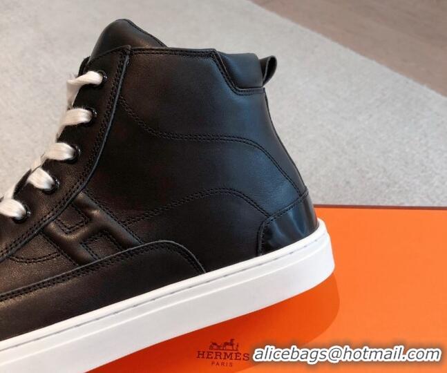 Sophisticated Hermes District Calfskin High Top Sneakers Black 625005