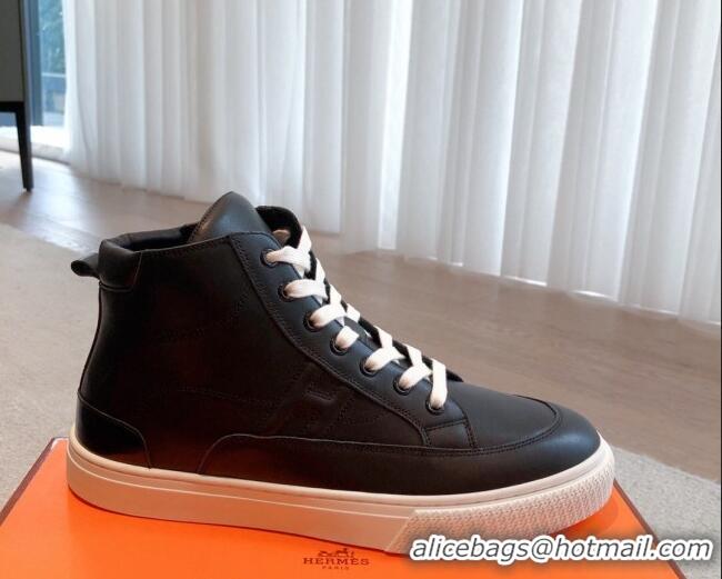 Sophisticated Hermes District Calfskin High Top Sneakers Black 625005