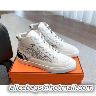 Good Product Hermes District Graff Printed Calfskin High Top Sneakers White 625006