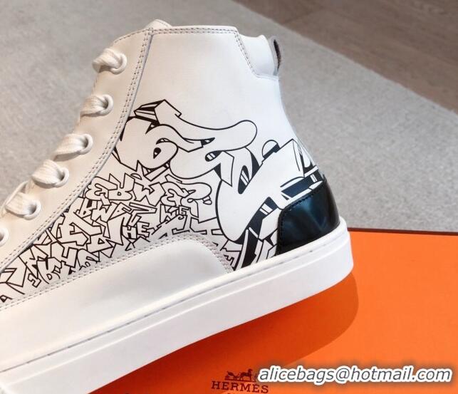 Good Product Hermes District Graff Printed Calfskin High Top Sneakers White 625006