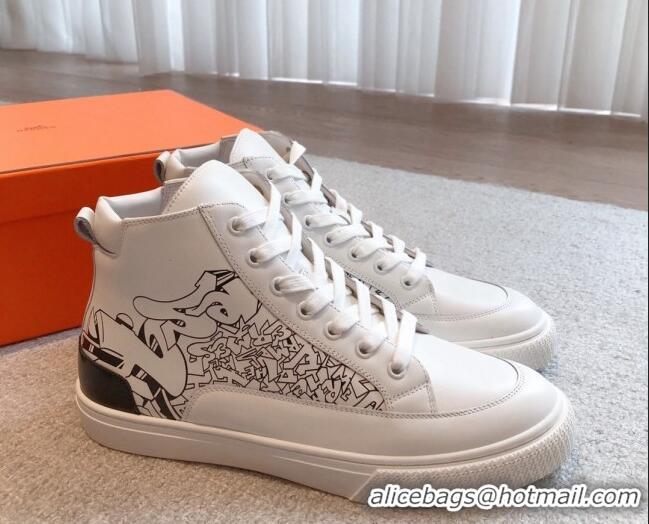 Good Product Hermes District Graff Printed Calfskin High Top Sneakers White 625006