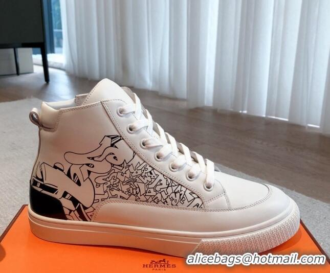 Good Product Hermes District Graff Printed Calfskin High Top Sneakers White 625006