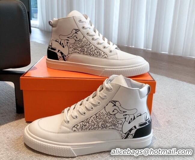 Good Product Hermes District Graff Printed Calfskin High Top Sneakers White 625006