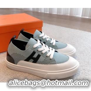 Duplicate Hermes Deep Sneakers in Knit and Calfskin Light Green 625007