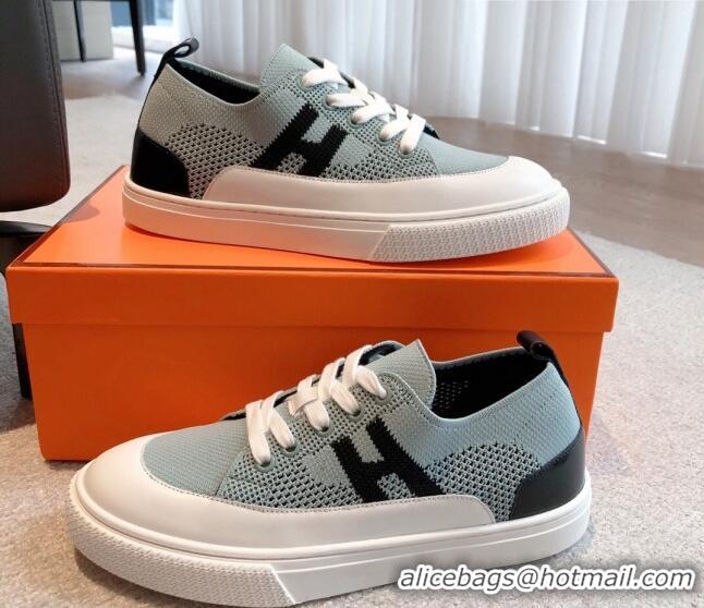 Duplicate Hermes Deep Sneakers in Knit and Calfskin Light Green 625007