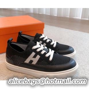 Luxury Hermes Deep Sneakers in Knit and Calfskin Black 625008