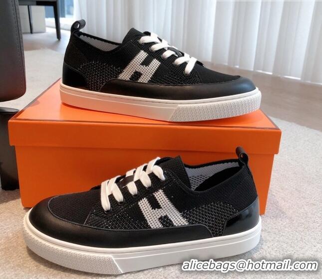 Luxury Hermes Deep Sneakers in Knit and Calfskin Black 625008