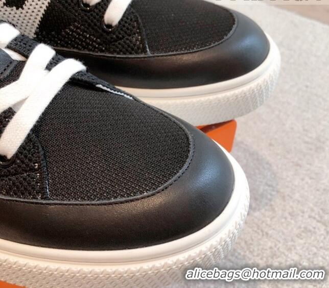 Luxury Hermes Deep Sneakers in Knit and Calfskin Black 625008