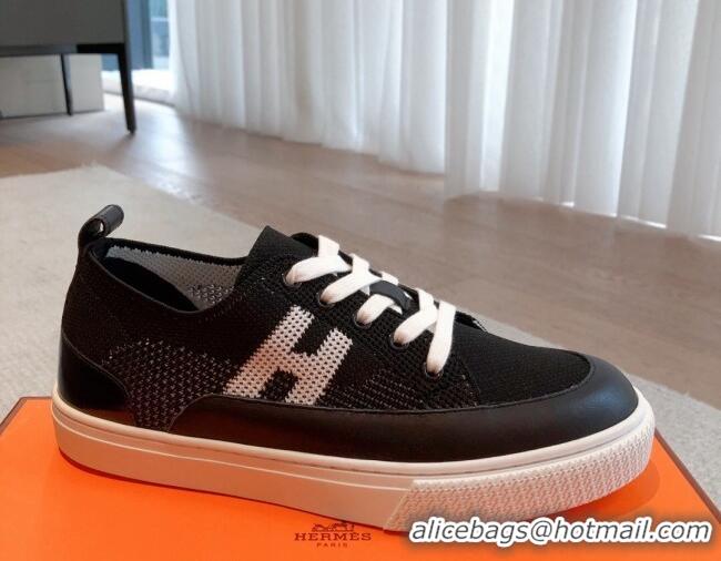 Luxury Hermes Deep Sneakers in Knit and Calfskin Black 625008