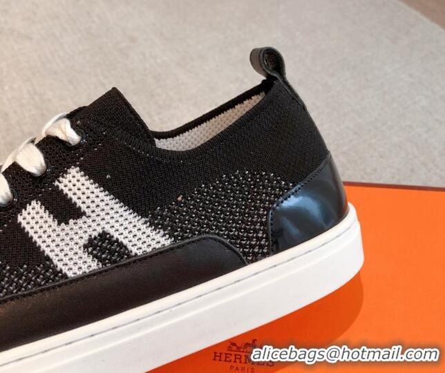 Luxury Hermes Deep Sneakers in Knit and Calfskin Black 625008