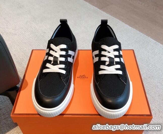 Luxury Hermes Deep Sneakers in Knit and Calfskin Black 625008