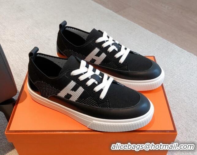 Luxury Hermes Deep Sneakers in Knit and Calfskin Black 625008