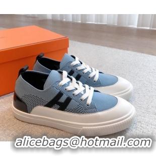 Top Design Hermes Deep Sneakers in Knit and Calfskin Blue 625009