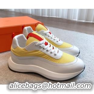 Popular Style Hermes Men's Gramme Sneakers in Parachute Fabric and Calfskin Yellow 625010