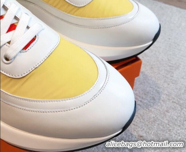 Popular Style Hermes Men's Gramme Sneakers in Parachute Fabric and Calfskin Yellow 625010