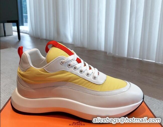 Popular Style Hermes Men's Gramme Sneakers in Parachute Fabric and Calfskin Yellow 625010