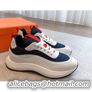 Luxury Discount Hermes Men's Gramme Sneakers in Parachute Fabric and Calfskin Navy Blue 625014