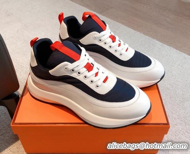 Luxury Discount Hermes Men's Gramme Sneakers in Parachute Fabric and Calfskin Navy Blue 625014