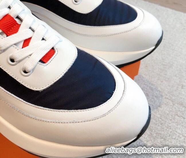 Luxury Discount Hermes Men's Gramme Sneakers in Parachute Fabric and Calfskin Navy Blue 625014