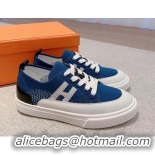 Grade Hermes Deep Sneakers in Knit and Calfskin Celeste Blue 625018