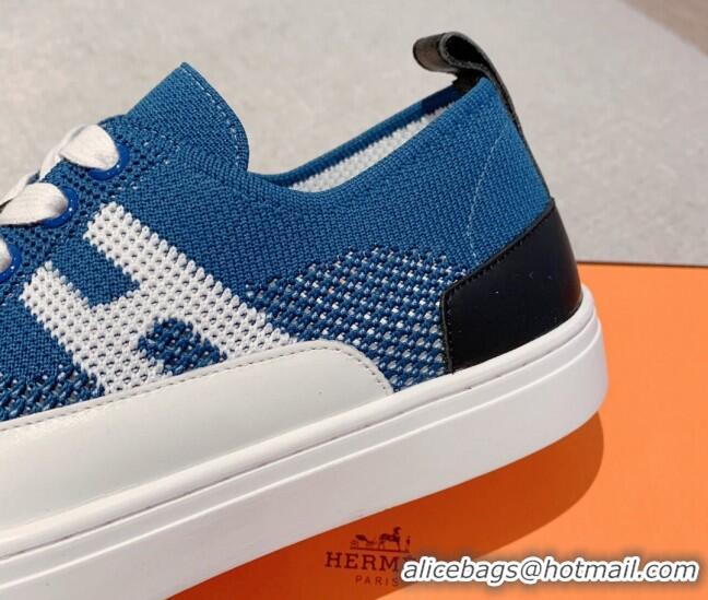 Grade Hermes Deep Sneakers in Knit and Calfskin Celeste Blue 625018