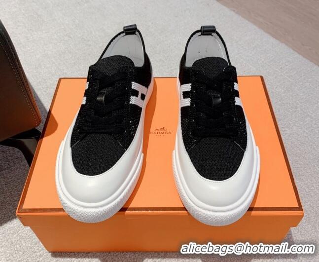 Classic Hot Hermes Deep Sneakers in Knit and Calfskin Black/White 625019