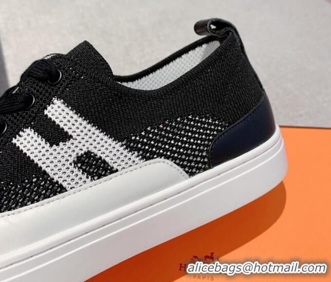 Classic Hot Hermes Deep Sneakers in Knit and Calfskin Black/White 625019