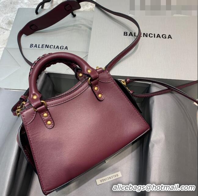 Super Quality Balenciaga Neo Classic Mini Top Handle Bag in Smooth Calfskin 10441 Burgundy/Gold