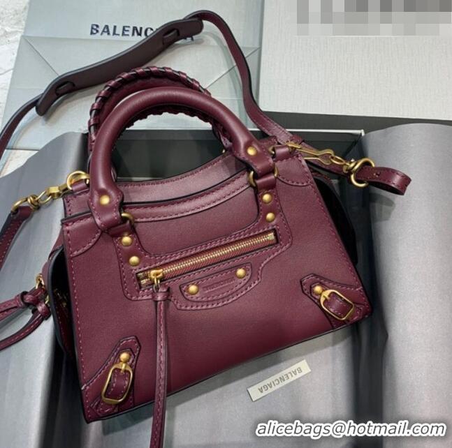 Super Quality Balenciaga Neo Classic Mini Top Handle Bag in Smooth Calfskin 10441 Burgundy/Gold