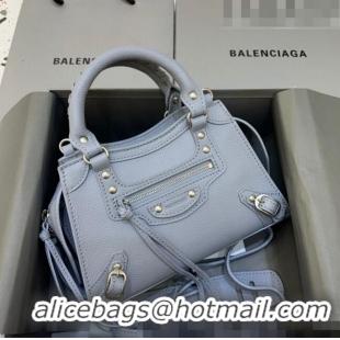 Low Price Balenciaga Neo Classic Mini Bag in Grained Calfskin 638512 Light Blue/Gold