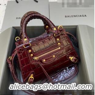 Promotional Balenciaga Neo Classic Mini Bag in Crocodile Embossed Leather 638512 Burgundy/Gold