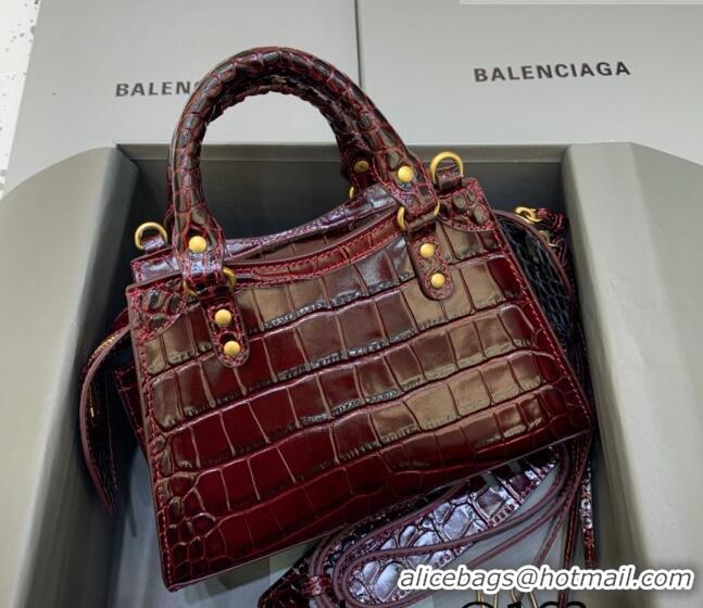 Promotional Balenciaga Neo Classic Mini Bag in Crocodile Embossed Leather 638512 Burgundy/Gold