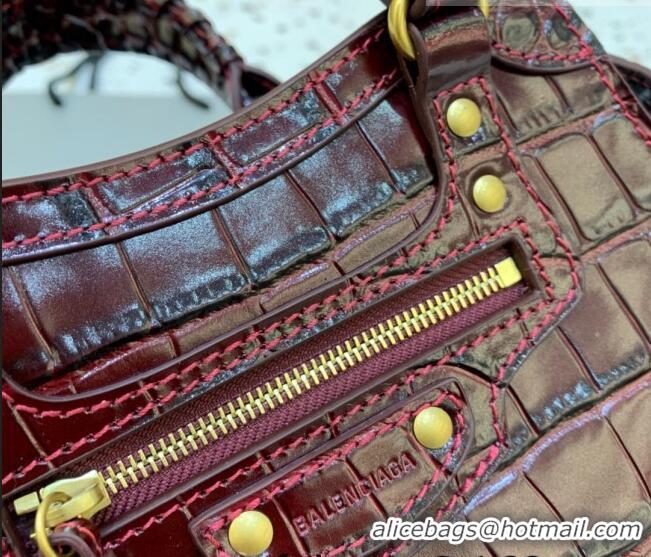 Promotional Balenciaga Neo Classic Mini Bag in Crocodile Embossed Leather 638512 Burgundy/Gold