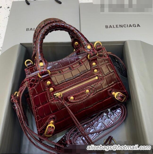 Promotional Balenciaga Neo Classic Mini Bag in Crocodile Embossed Leather 638512 Burgundy/Gold