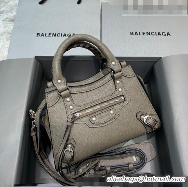 Top Grade Balenciaga Neo Classic Mini Bag in Grained Calfskin 638512 Khaki Grey/Silver