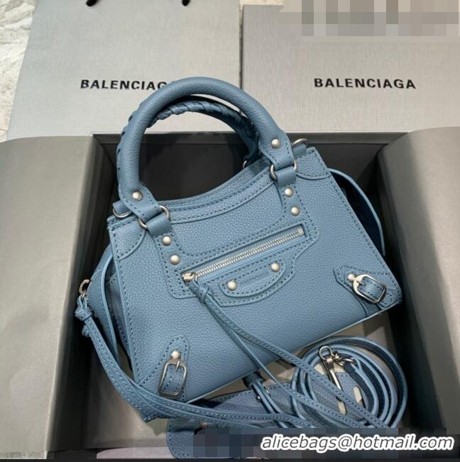 Best Price Balenciaga Neo Classic Mini Bag in Grained Calfskin 638512 Dusty Blue/Silver