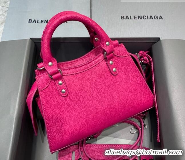 Luxury Discount Balenciaga Neo Classic Mini Bag in Grained Calfskin 638512 Hot Pink/Silver