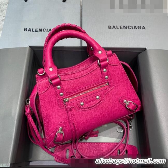 Luxury Discount Balenciaga Neo Classic Mini Bag in Grained Calfskin 638512 Hot Pink/Silver