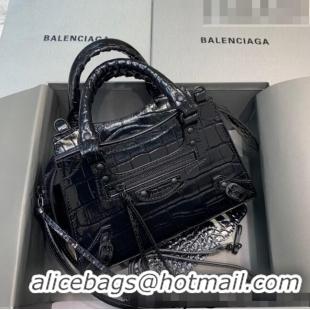 Famous Brand Balenciaga Neo Classic Mini Bag in Shiny Crocodile Embossed Leather 638512 All Black