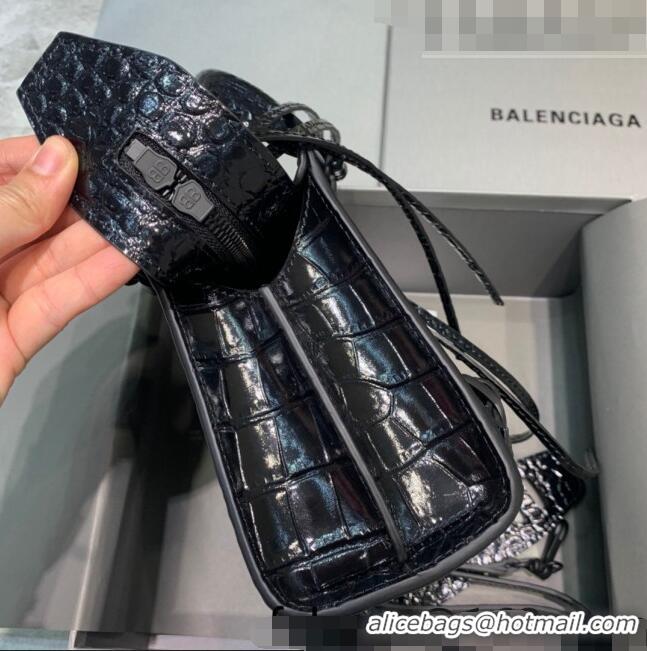 Famous Brand Balenciaga Neo Classic Mini Bag in Shiny Crocodile Embossed Leather 638512 All Black