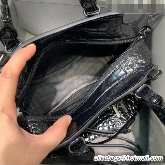 Famous Brand Balenciaga Neo Classic Mini Bag in Shiny Crocodile Embossed Leather 638512 All Black