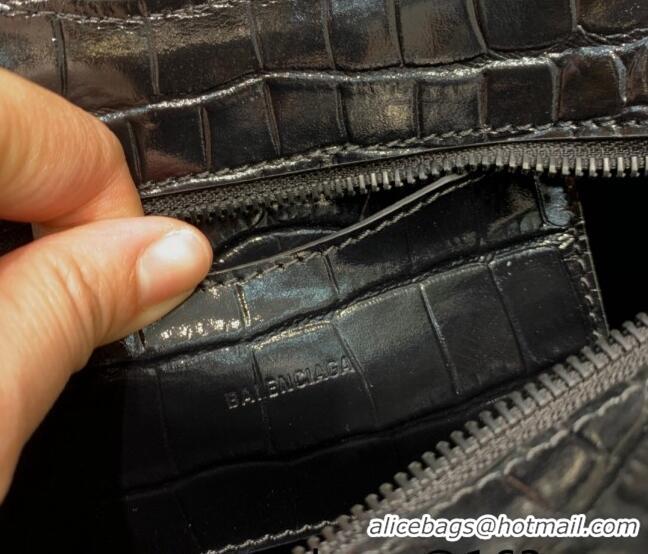 Famous Brand Balenciaga Neo Classic Mini Bag in Shiny Crocodile Embossed Leather 638512 All Black